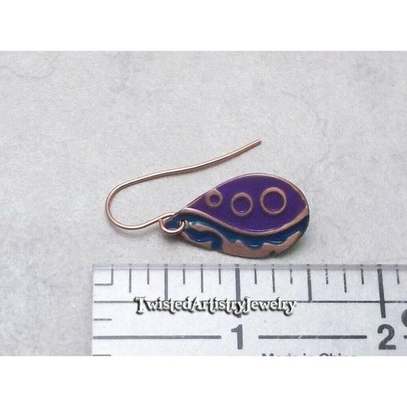 Purple and Blue Enameled Copper Teardrop Dangle Earrings One-Of-A-Kind Handmade - Picture 3 of 3